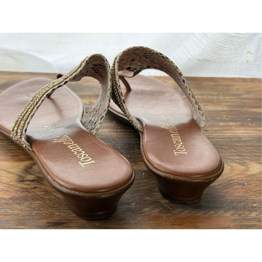 Toscanella Italy Womens 8 Brown Snakeskin Rhinestone Low Wedge Thong Sandals